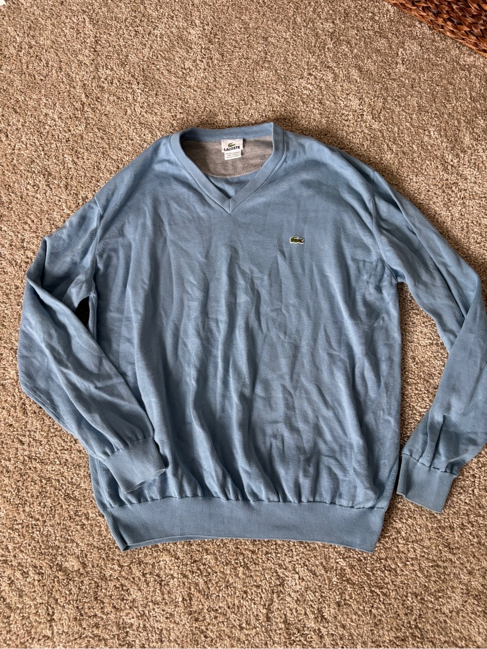 Lacoste Men's V-Neck Cotton Sweater – Light Blue Sz 7